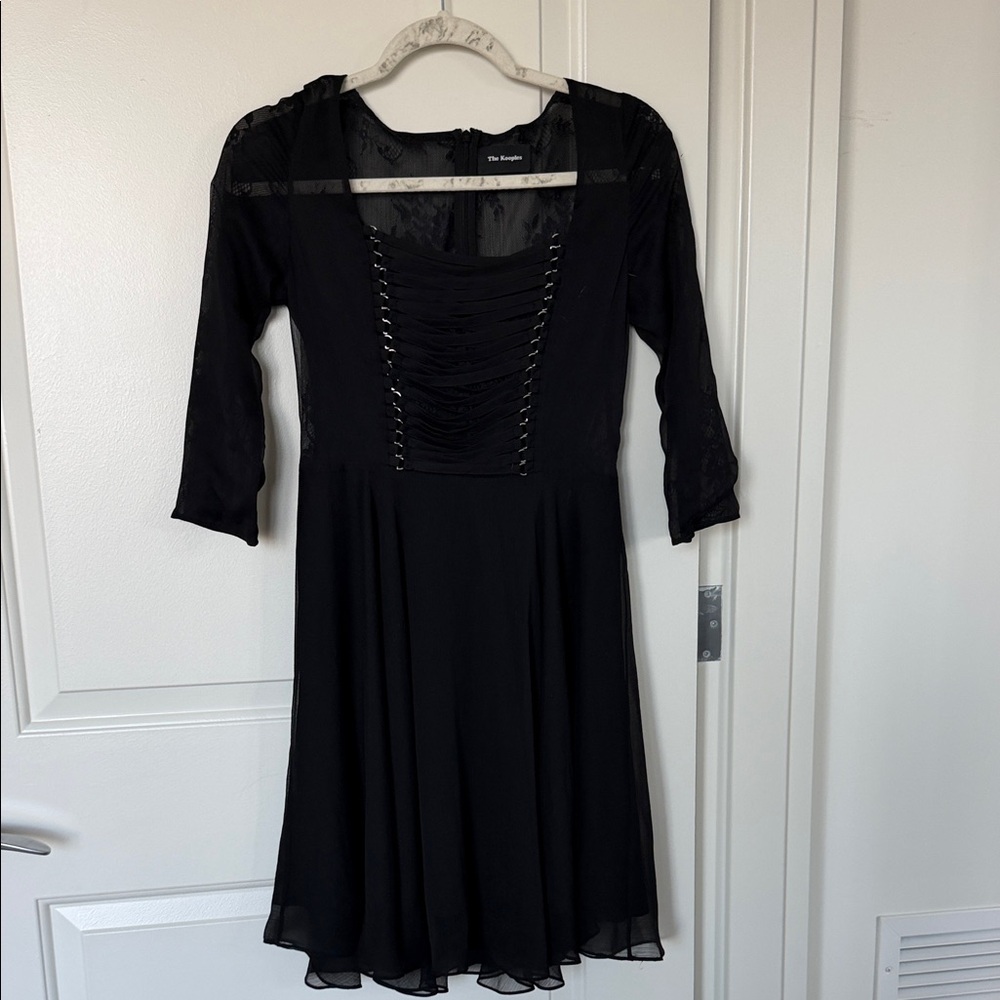 The Kooples Black Long Sleeve Lace-Trim Fit-and-Flare Dress Small